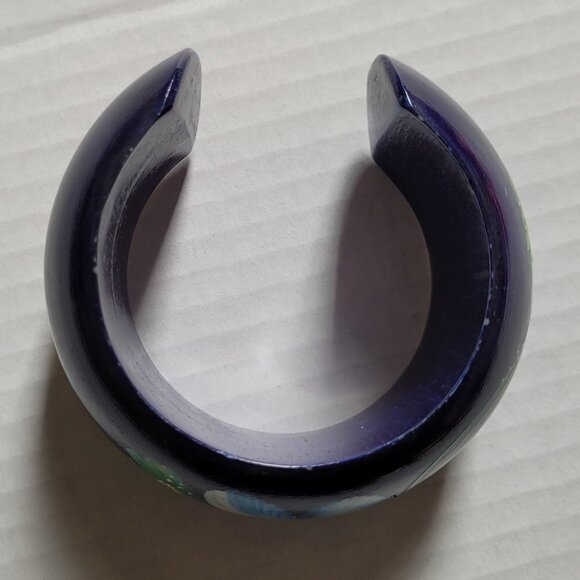 Blue flower bracelet wood cuff Hawaiian hand painted boho floral jewelry beach - Picture 5 of 10